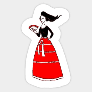 pretty woman in red with fan in her hand Sticker